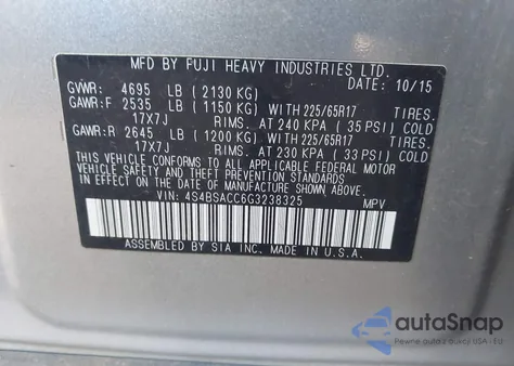 2016 Subaru Outback 2.5I Premium z USA, uszkodzony, nr VIN 4S4BSACC6G3238325